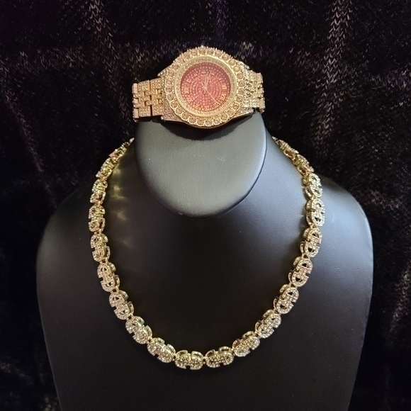 14K GOLD PLATED ICED OUT CHAIN WATCH COMBO - Picture 1 of 6